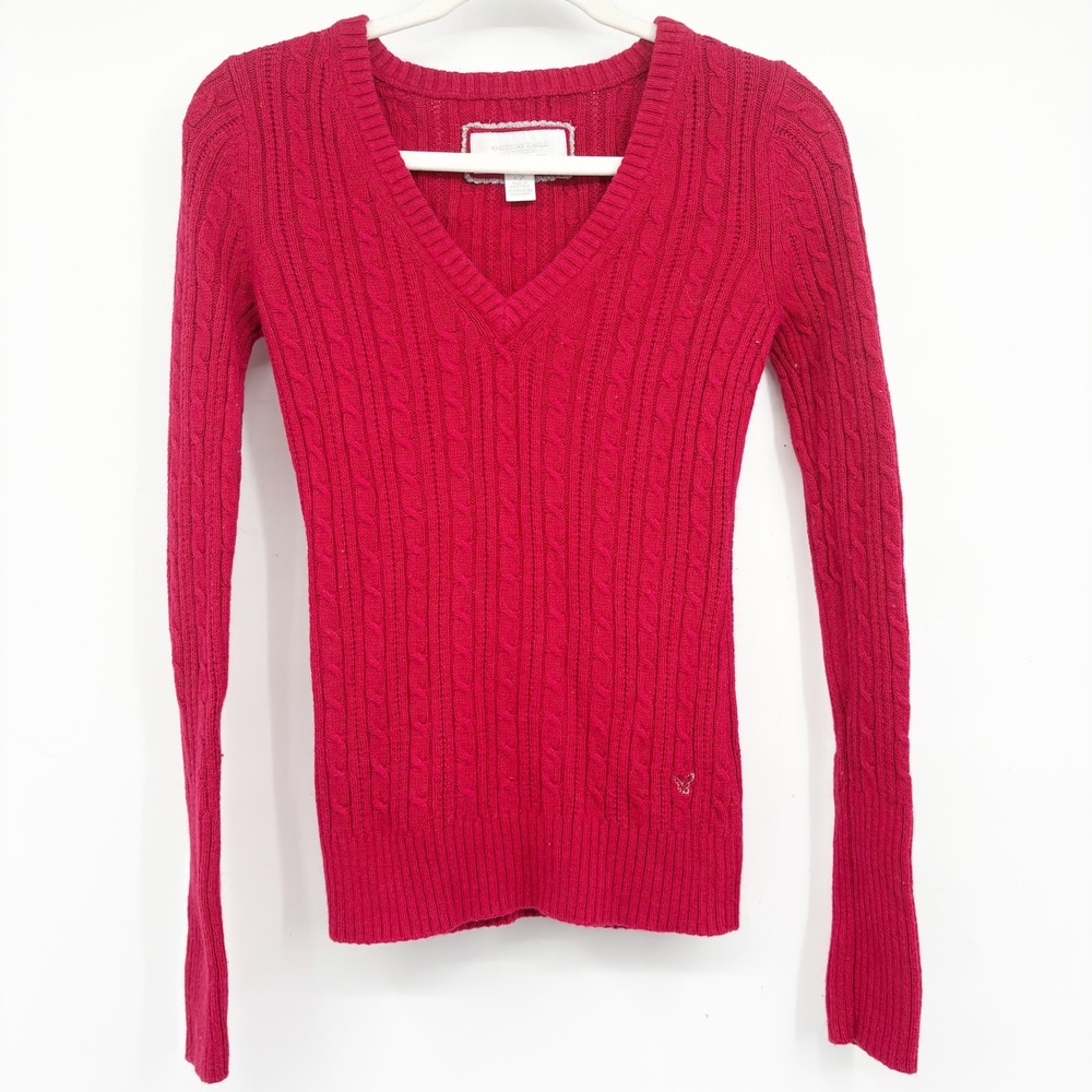 American Eagle Women Red Y2K Cable Knit Fisherman Preppy V-Neck Sweater Size S